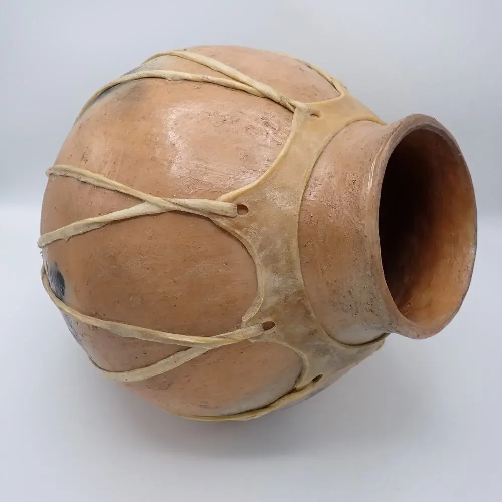 Large Rawhide Laced Clay Olla Tarahumara Style Southwest Pottery 14in
